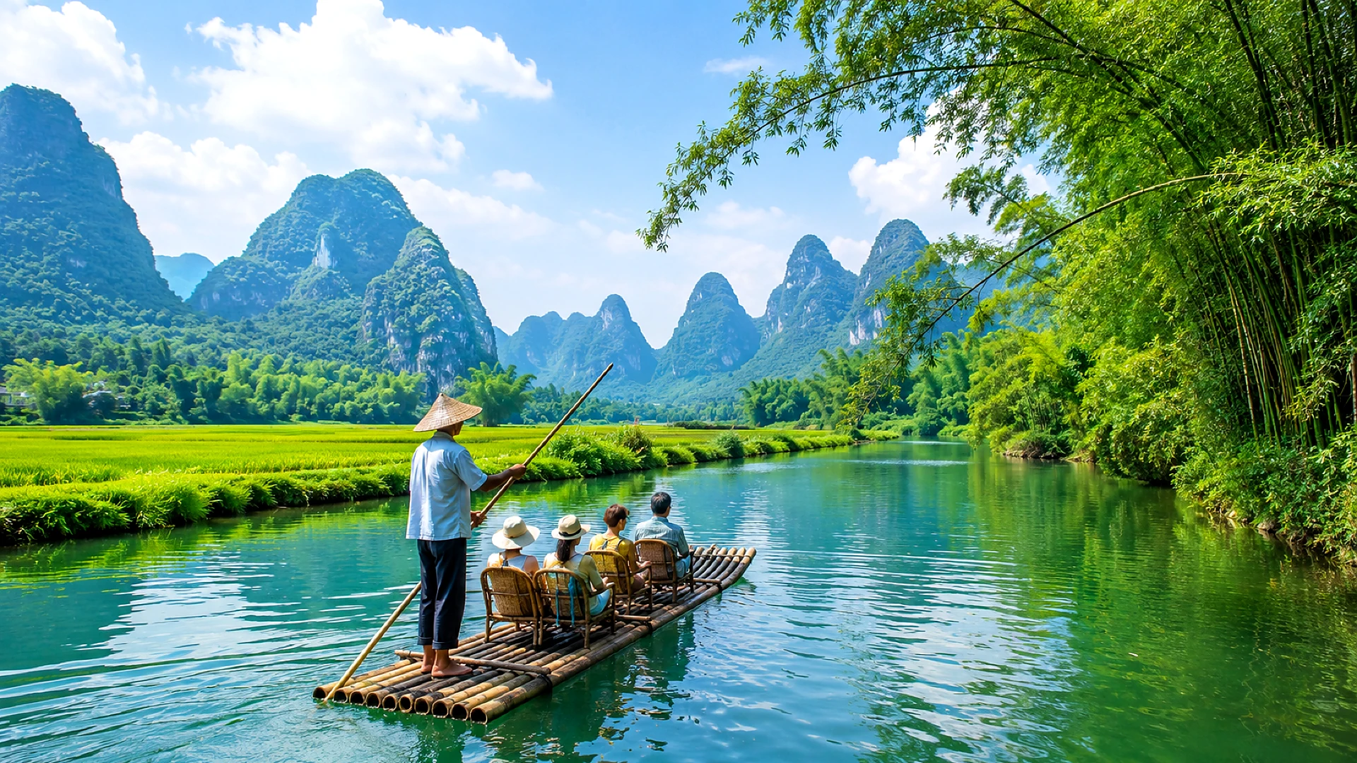 Guilin Scenic Hidden Gem Day Tour | Li River 20 Yuan Background · Yu Long River Bamboo Rafting · Xianggong Mountain Panorama Product Image